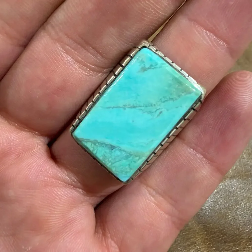 Navajo Native American Turquoise & Sterling Silver Ring Size 9 by Ray Jack